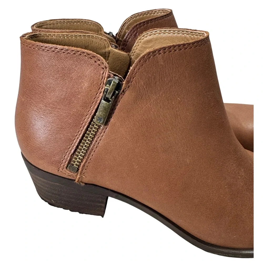 Lucky Brand Burklee Ankle Boots Women 9.5 Cognac Leather Side Zip Western Casual